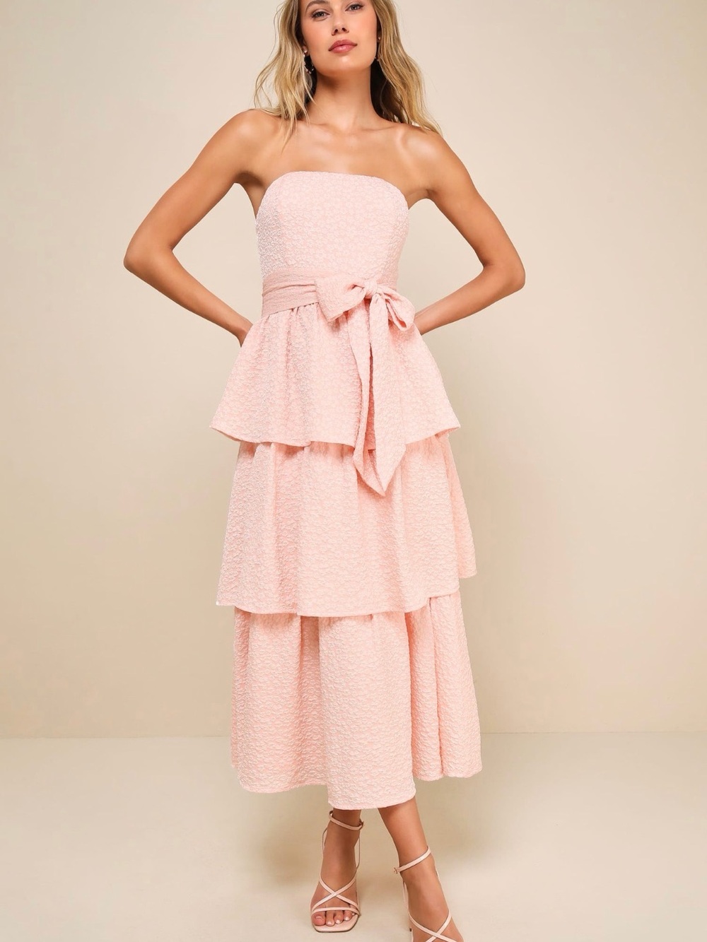 Lulu's Dusty Blush Strapless Tiered Midi Dress with Bow